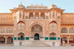 Ornate entrance of amber fort in Jaipur, showcasing intricate design