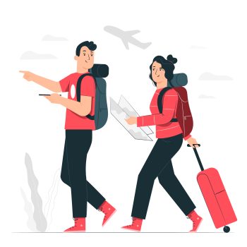 illustration of travelers with backpacks and luggage, perfect for traveling, exploring, tour planning